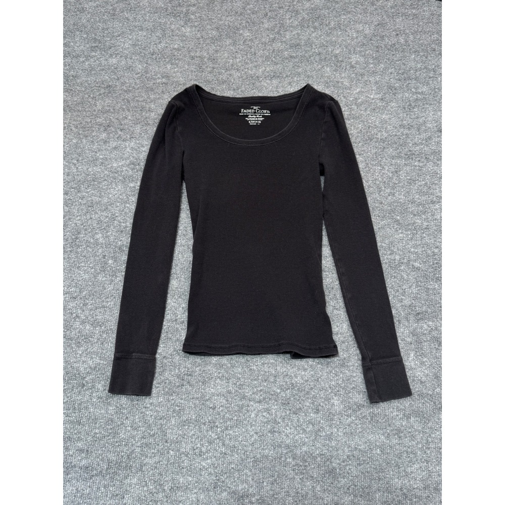 Faded Glory Womens Small 4-6 Black Long Sleeve Scoop Neck Ribbed Cotton Top